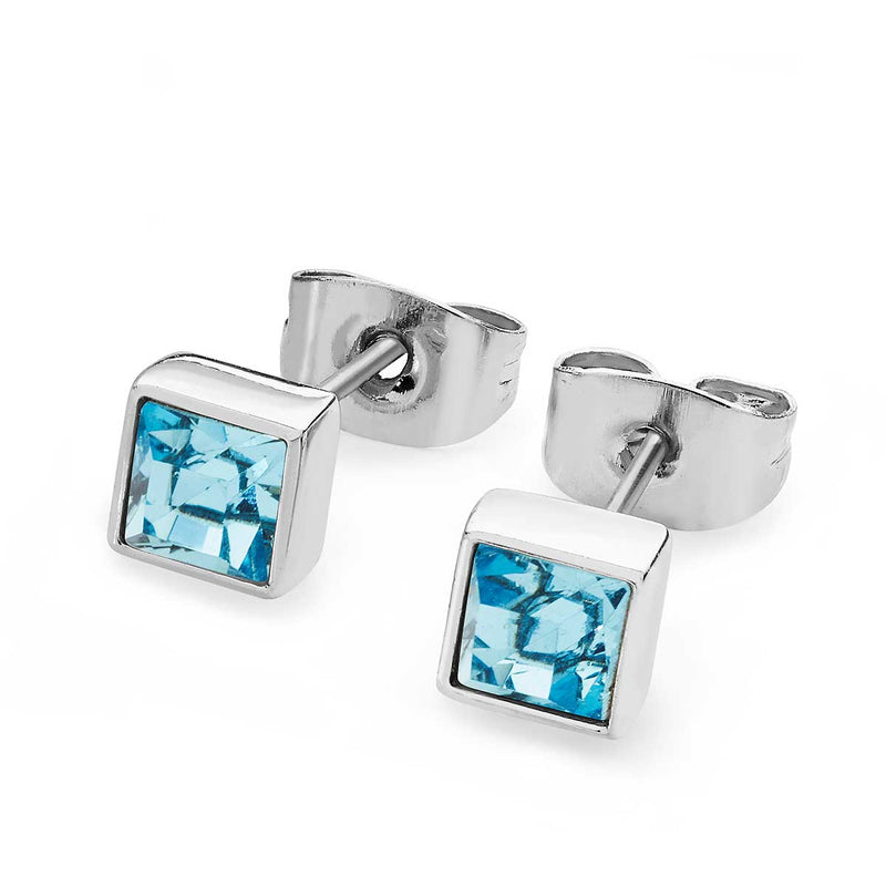 Tipperary Crystal Square Birthstone Earrings March Aquamarine Silver