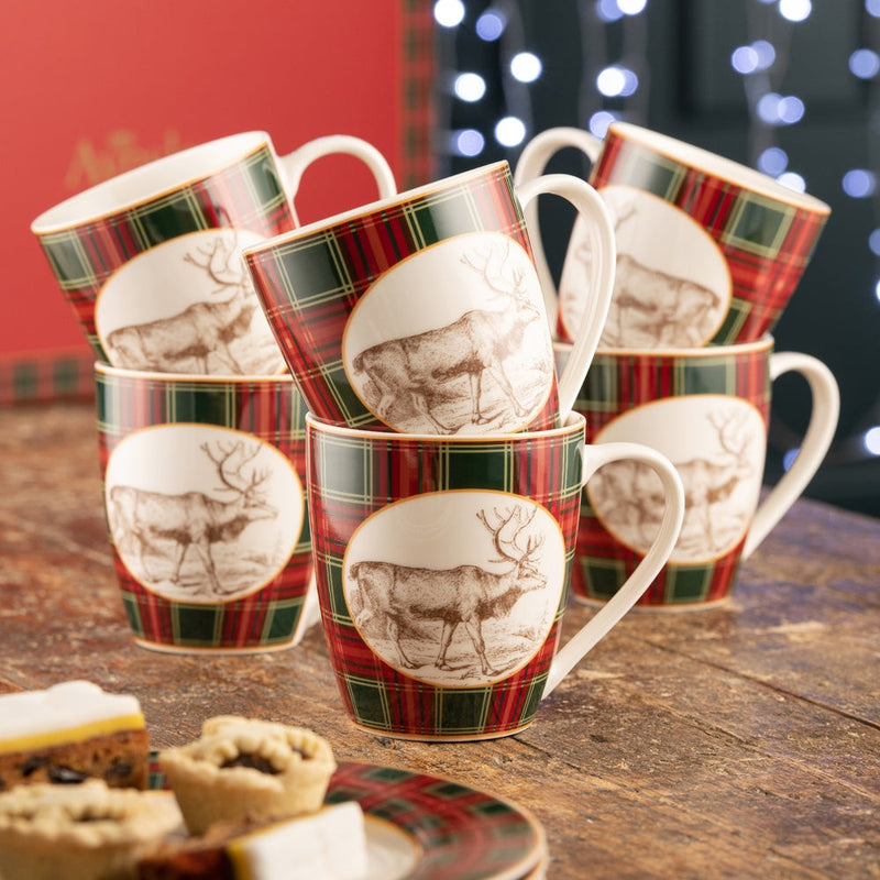 ⭐STAR BUY🦌Aynsley Tartan Reindeer Set of 6 Mugs