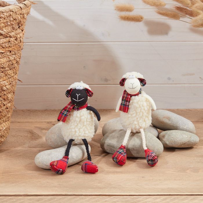 RL SHEEP SHELF SITTER 2 ASSTD WHITE FLEECE FABRIC WITH TARTAN SCARF