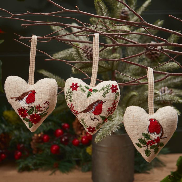 RL XMAS ROBIN HEART HANGER 3 ASSTD NATURAL EMBROIDERED LINEN FABRIC