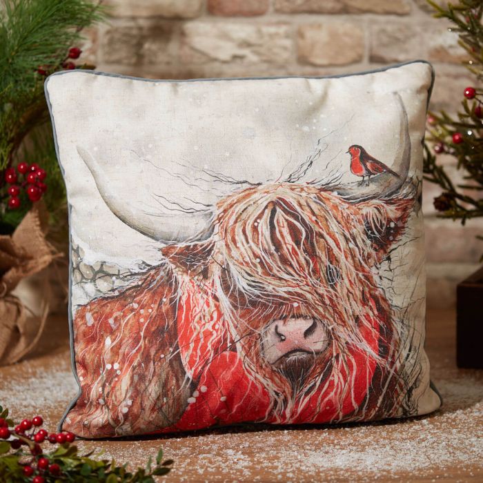 RL XMAS HIGHLAND COW CUSHION GREY LINEN EFFECT FABRIC WITH ROBIN & SNOW