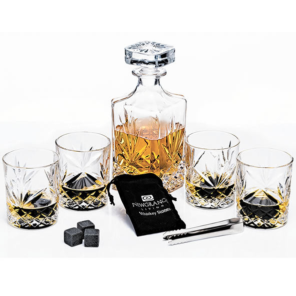 NewGrange 7 pce whiskey Set decanter 4x whisky glasses stones & Tongs