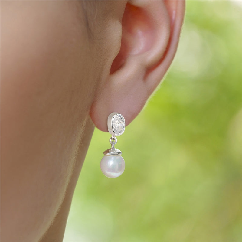 Newbridge Silverware Pearl Drop Earrings with Clear Stones