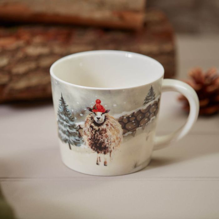 RL XMAS SHEEP MUG WHITE STONEWARE WITH STONE WALL & WOOLLY HAT