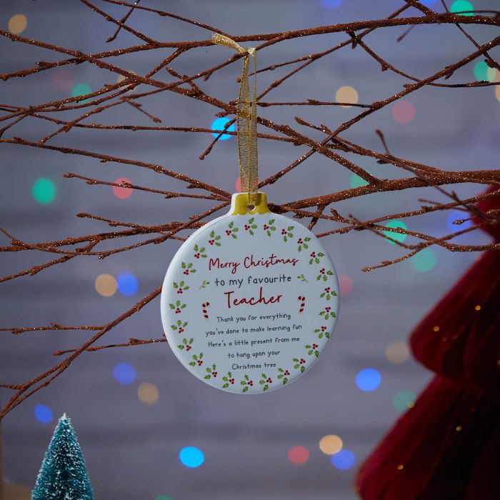 RL XMAS TEACHER BAUBLE HANGER WHITE CERAMIC WITH HOLLY BORDER