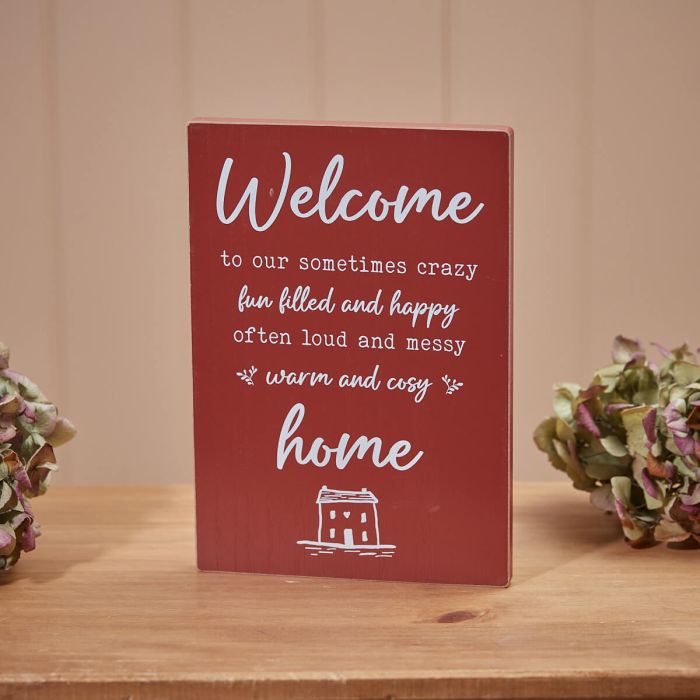 RL WELCOME HOME PLAQUE RED WOOD WITH WHITE HOUSE & QUOTE