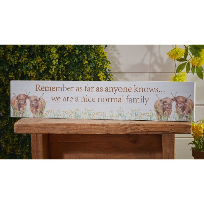 RL HIGHLAND COW FLORAL "NORMAL FAMILY LONG PLAQUE" ENGRAVED WOOD