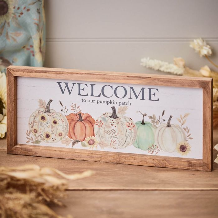 RL AUTUMN PUMPKIN WELCOME FRAMED PLAQUE WHITE HANDPAINTED WOOD