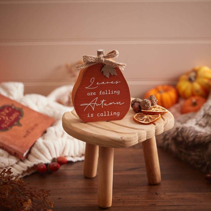 RL AUTUMN LEAVES FALLING 3D PUMPKIN BLOCK ORANGE WOOD WITH COIR BOW