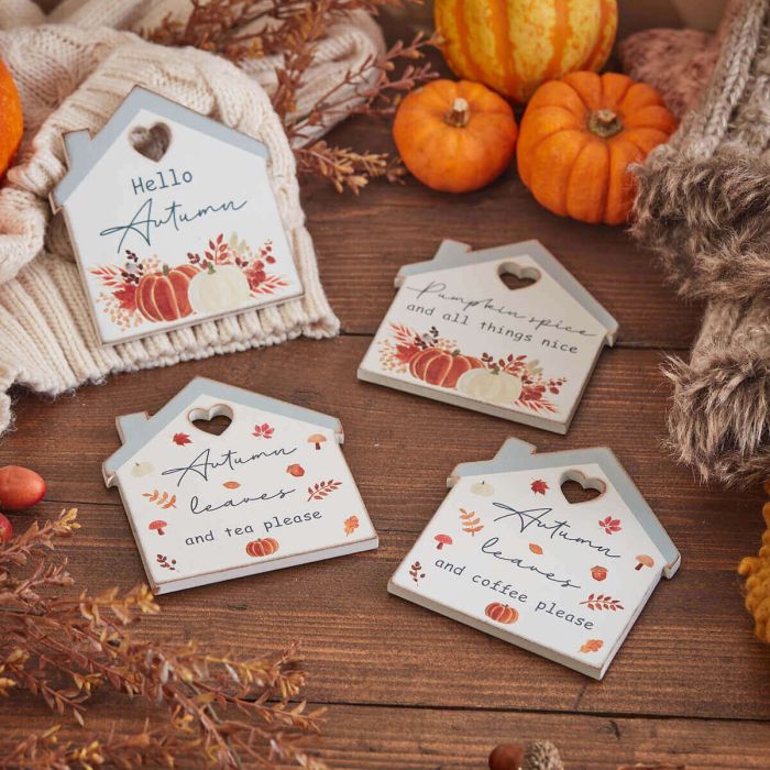 RL AUTUMN HOUSE COASTER 4 ASSTD 24/TRAY WHITE WOOD WITH QUOTE