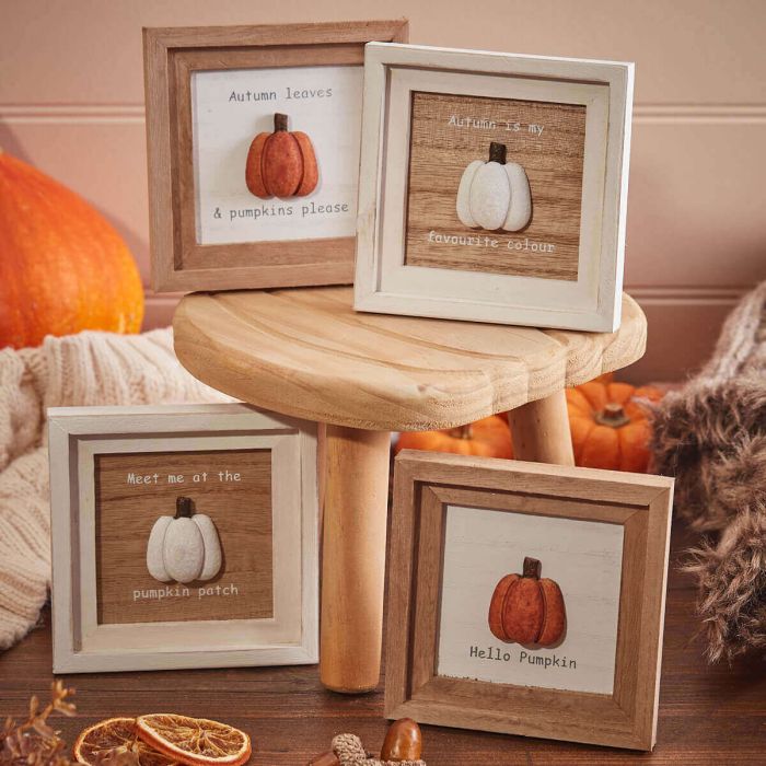 RL AUTUMN PUMPKIN 3D FRAMED PLAQUE 4 ASSTD RESIN & WOOD WITH QUOTE