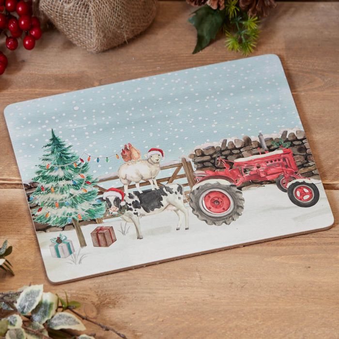 RL CHRISTMAS ON THE FARM PLACEMATS - XMAS FARM SCENE PLACEMAT BOX OF 4 HEAT RESISTANT WOOD