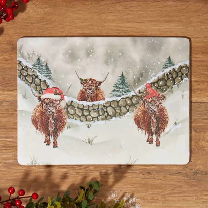 RL XMAS HIGHLAND COW SCENE PLACEMAT 4/BOX HEAT RESISTANT WOOD