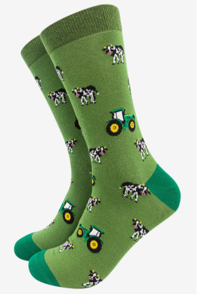 MSH Men’s Tractor and Cow Print Bamboo Socks in Green