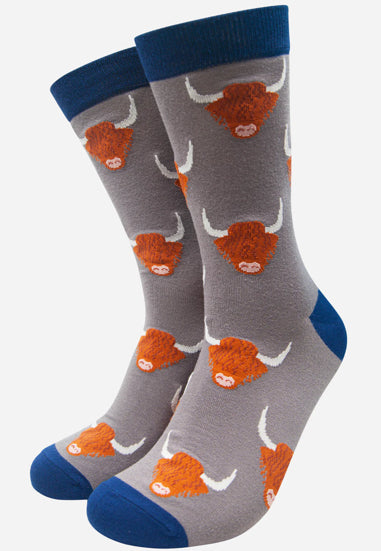 MSH Grey Men's Highland Cow Print Bamboo Socks