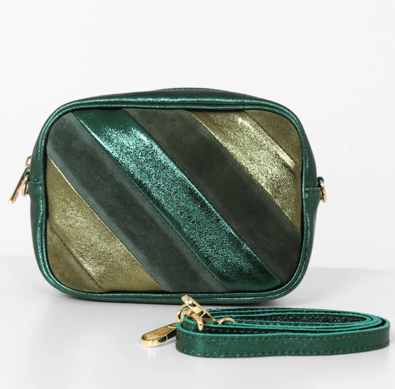 MSH Green Metallic Striped Genuine Italian Leather Camera Bag