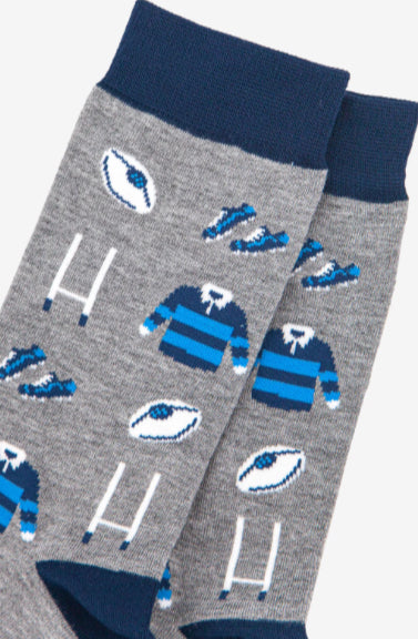 MSH Men’s Rugby Kit and Goal Print Bamboo Socks in Grey and Navy