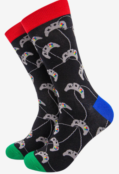 MSH Men’s Retro Gaming Print Bamboo Socks in Black