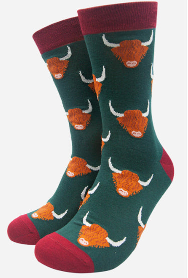 MSH Green Men’s Highland Cow Print Bamboo Socks