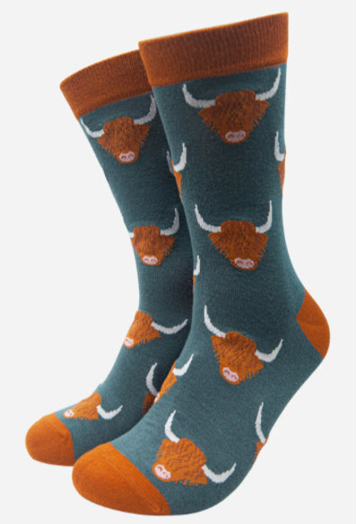 MSH Teal Men's Highland Cow Print Bamboo Socks