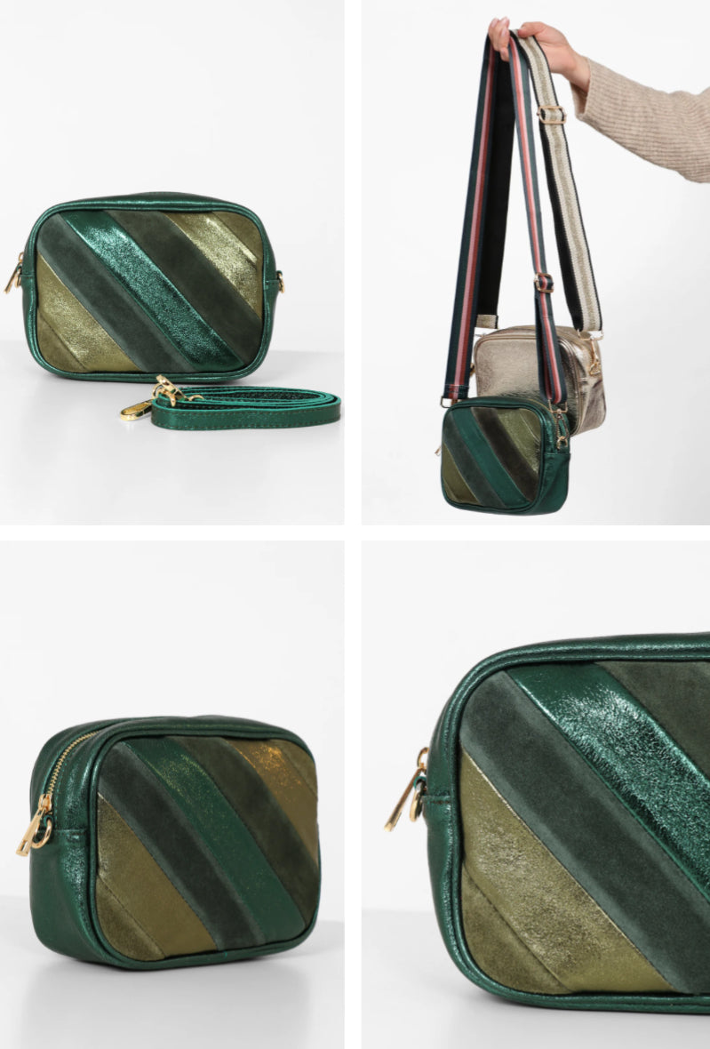 MSH Green Metallic Striped Genuine Italian Leather Camera Bag