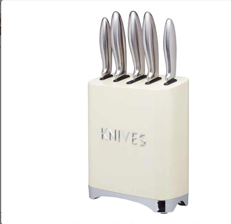 Lovello Retro 5-Piece Stainless Steel Knife Set and Knife Block – Vanilla Cream