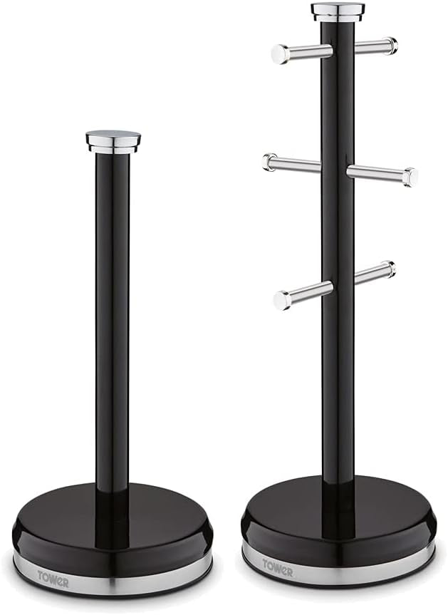 Tower Belle Mug Tree and Towel Pole Set, Stainless Steel, Noir, Black