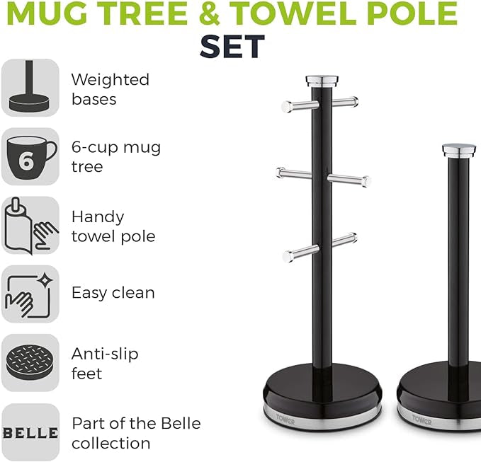 Tower Belle Mug Tree and Towel Pole Set, Stainless Steel, Noir, Black