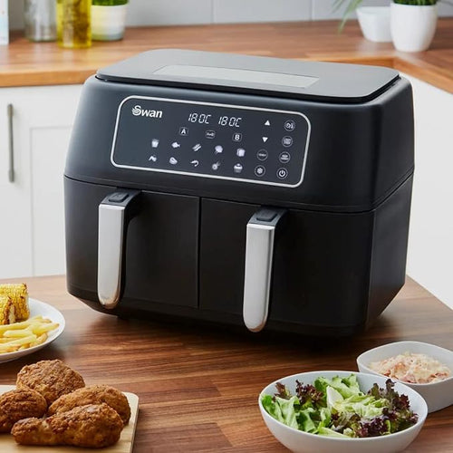 Swan 8L Digital Dual Basket 13 in 1 Air Fryer with Keep Warm Function, 10 One-Touch Pre-sets, Rapid Air Circulation, 1600W, Black