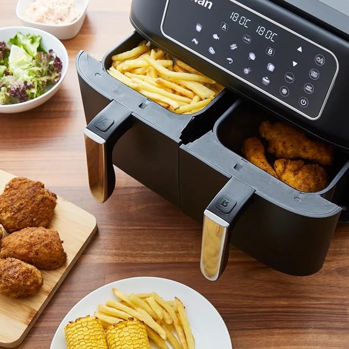 Swan 8L Digital Dual Basket 13 in 1 Air Fryer with Keep Warm Function, 10 One-Touch Pre-sets, Rapid Air Circulation, 1600W, Black