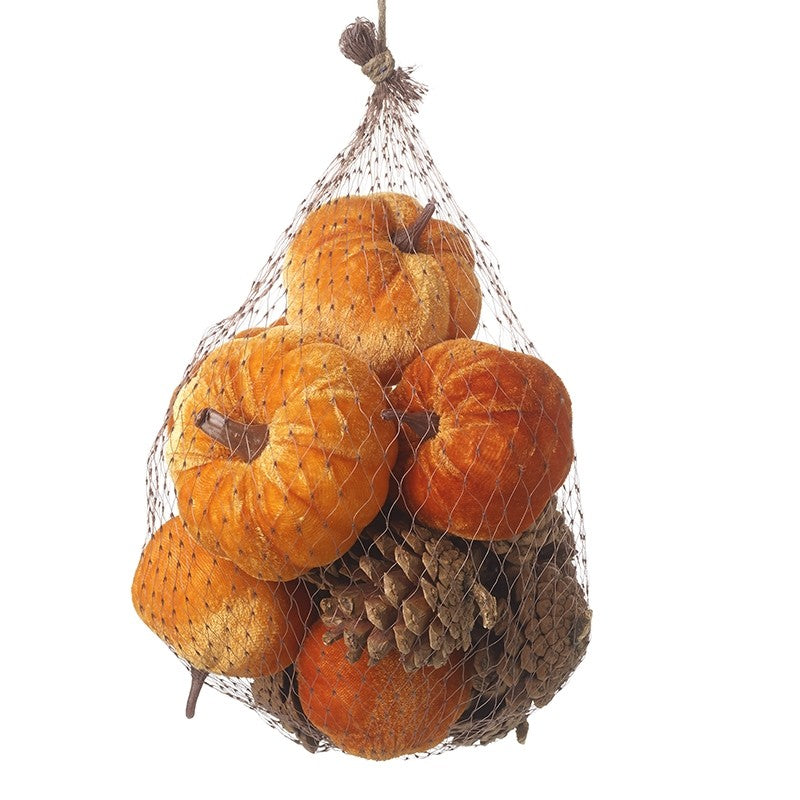 HS Velvet Pumpkins With Pine Cones Set