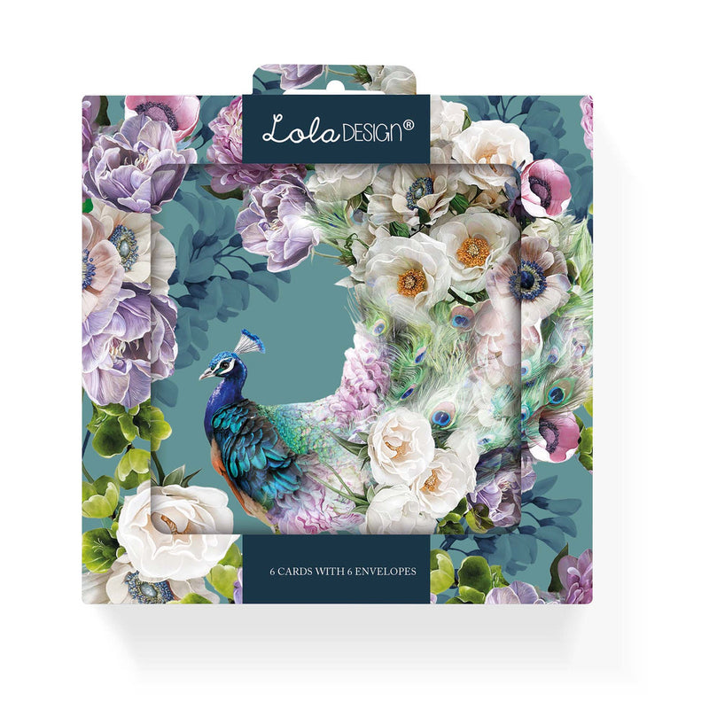 Lola Designs - PACK OF SIX BLANK PEACOCK PATTERN NOTECARDS