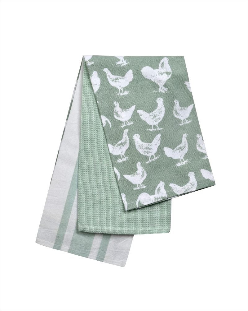 EDD SAGE PANTRY SET OF 3 HEN & COCKEREL TEA TOWELS 45 x65cm