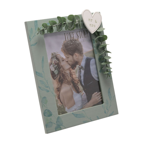 WID LOVE STORY 'MR & MRS' GREEN FRAME WITH LEAVES - 5" X 7" WG1183